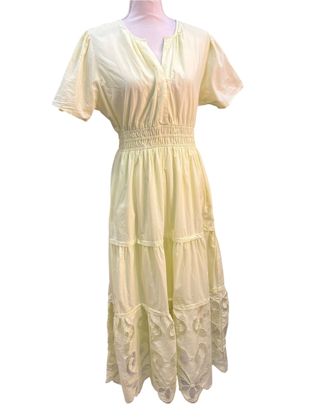 Haute Hippie Style Yellow Cotton Midi Dress Eyelet Hem Smocked Waist M - Picture 3 of 14